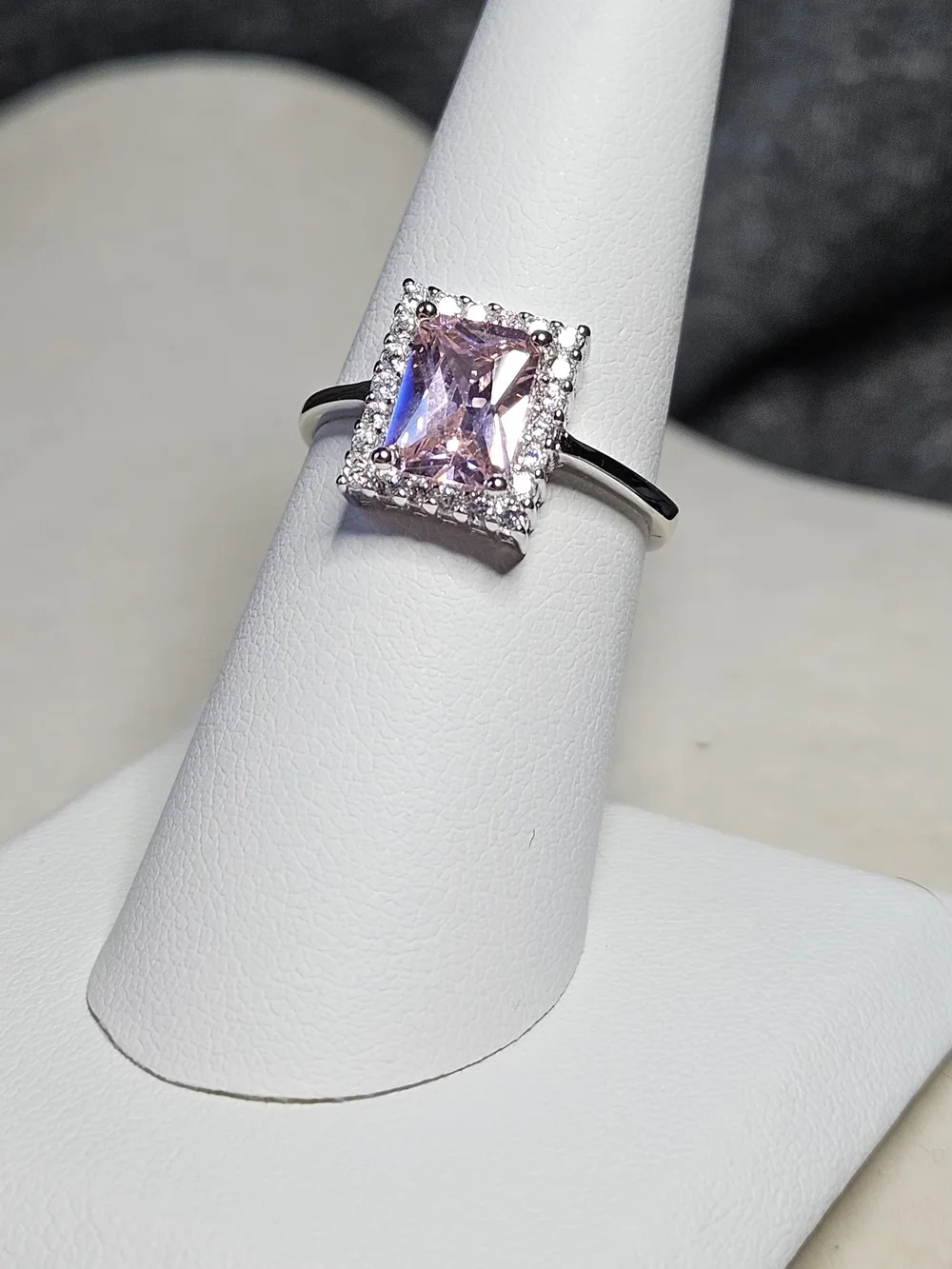 Sterling Silver Ring with Pink Rectangular Center Stone and Halo